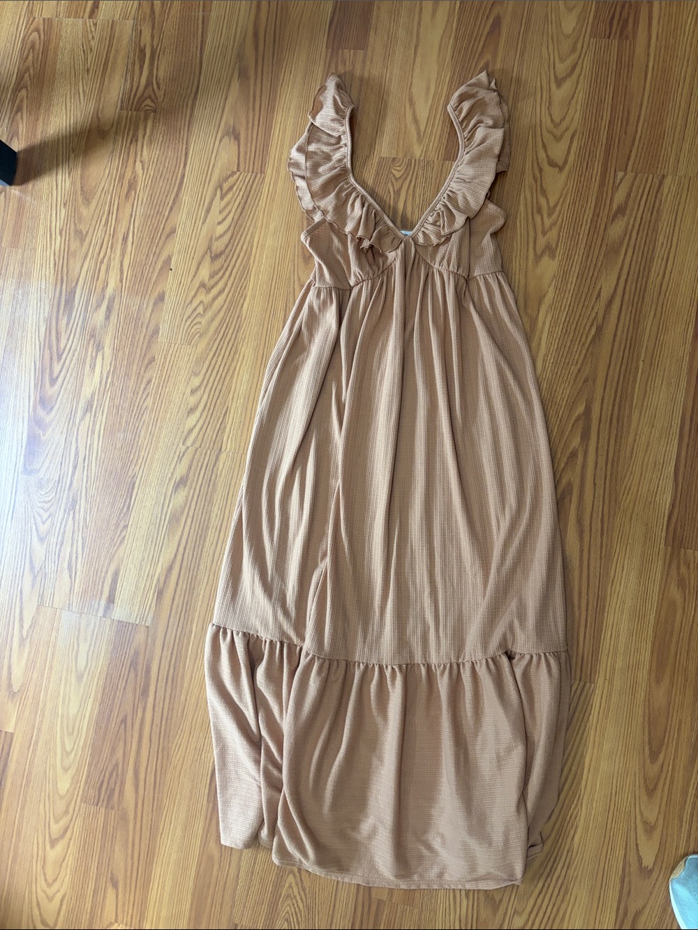 Caution To The Wind Beige Ruffle Midi Dress